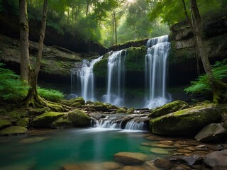 Obraz premium Falling Water Falls: A Hidden Oasis in the U.S., Where Crystal-Clear Waters Cascade Over a Natural Ledge, Creating a Serene Swimming Hole Surrounded by Lush Forest Beauty