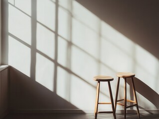 Caught between two stools in minimalist interior with soft window lighting and negative space on left