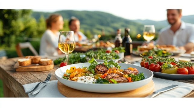 A charming countryside farm dinner scene with gue a couple enjoying a meal at a rustic table surrounded by nature and beautiful sunset lighting