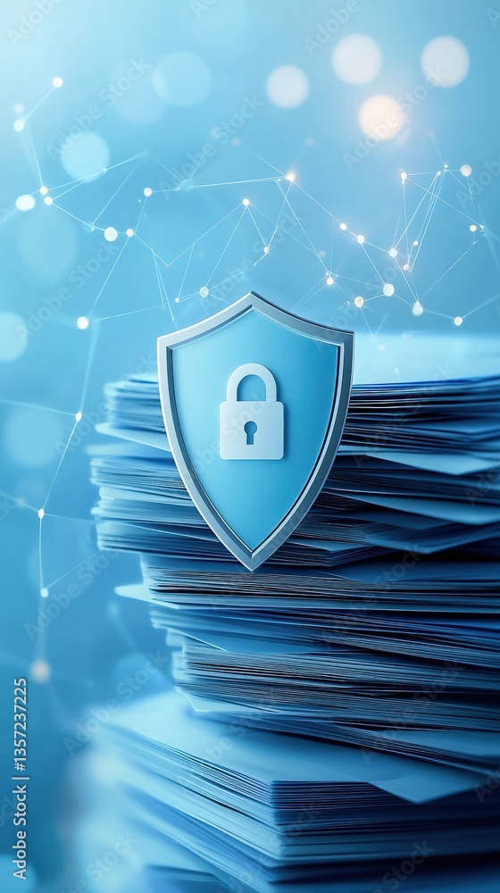 Poster digital data security concept with shield and documents background