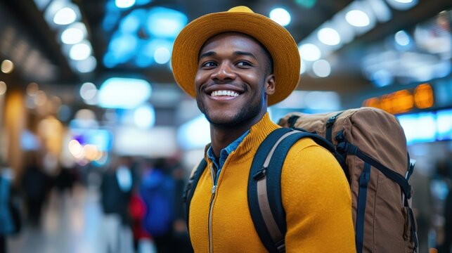 Smiling Traveler in a Busy Train Station