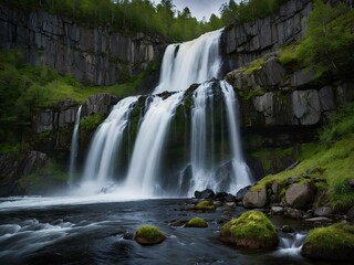 Fototapeta premium Steinsdalsfossen: Norway’s Enchanting Walk-Behind Waterfall, Where Visitors Can Experience the Thrill of Standing Beneath a Majestic Cascade Without Getting Wet