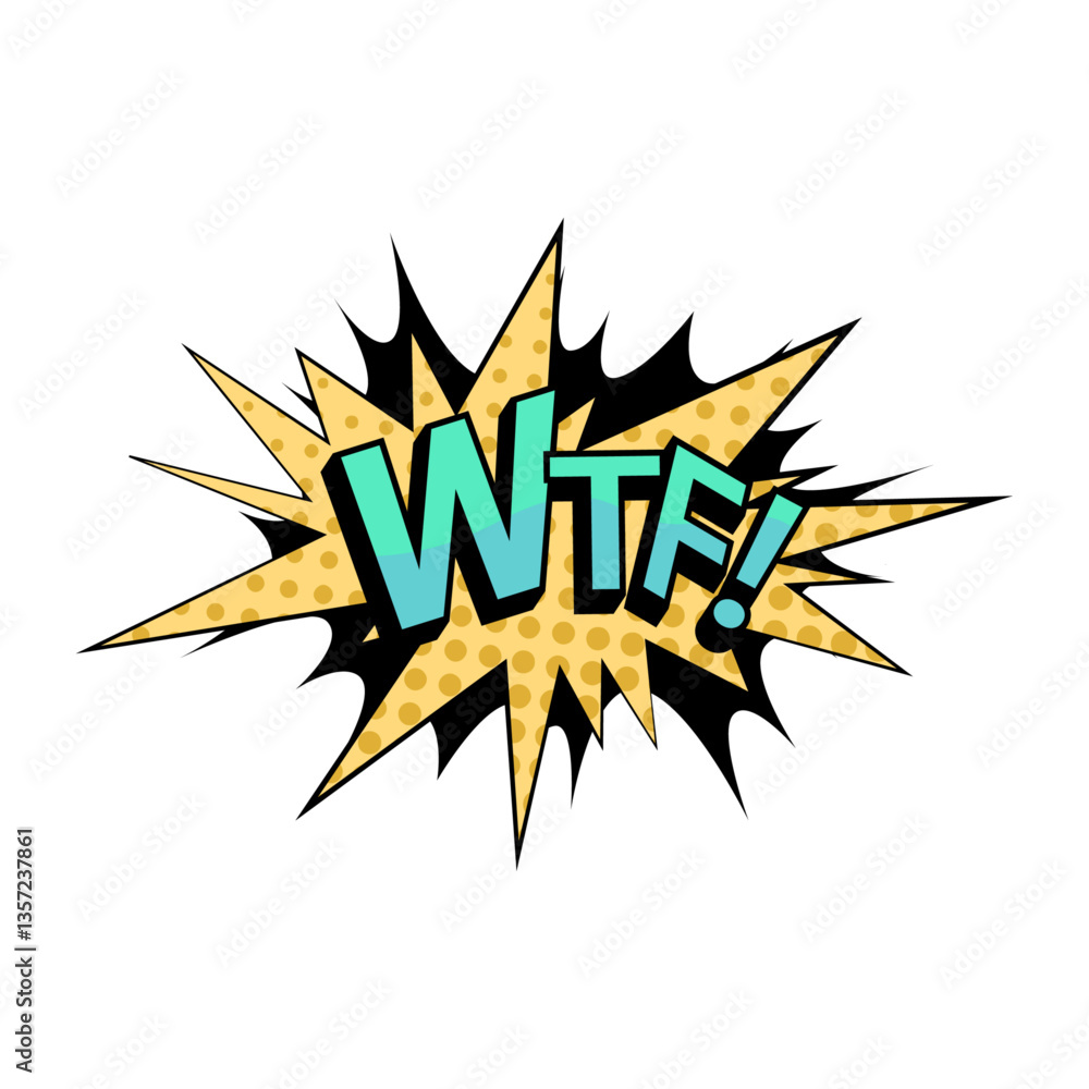 Poster WTF comic speech sound expression effect for emotion of character or personage. Vector isolated icon or sticker, rude phrase of annoyance or surprise emotion. Word phase for communication