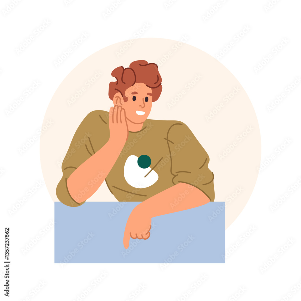 Aufkleber Male personage pointing index finger at empty banner or billboard for copy space. Vector isolated cheerful smiling man showing recommendation or advice, making message or announcement on paper