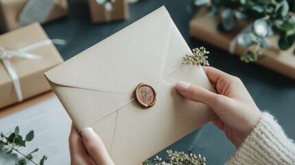 A hand delivering a wedding invitation envelope with a wax seal. 