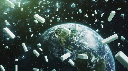 Naklejka premium create an story book style image of 100 millions pieces of white rectangular erasers circling around the earth in a line. In space. Each erasers are 4.5cm in length. 