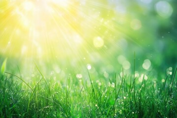 Obraz premium Fresh morning dew on vibrant green grass bathed in sunlight