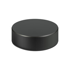 Ice hockey puck isolated 3d realistic illustration on white background. Vector black round puck for skating rink, professional sport equipment. Round rubber puck