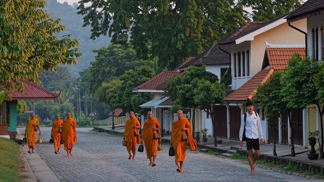 A street-level video shot captures monks in orange robes walking along a tree-lined street, blending tradition with modern life in a serene setting.
