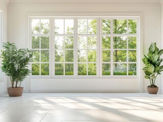 Fototapeta premium Clean white interior with large windows, minimalist design, morning light