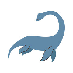 Dinosaur marine plesiosauria character, vector cartoon style for decoration of childrens books and covers. Blue elasmosaurine dino icon isolated. Prehistorical reptile with fins and tail