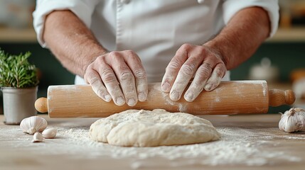 A chefs hands rolling out homemade pasta dough  on a wooden table for delicious meal preparation