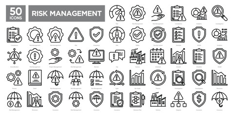 Risk management icon collection set, including compliance, security, insurance, analytics, and monitoring. Perfect for business reports, infographics, and corporate presentations.