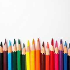 This image showcases a row of vibrant colored pencils arranged neatly along the bottom edge of a white background. The pencils display a full spectrum of colors, including black, blue, green, yellow.