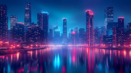 City Nightscape with Building Reflections on Water