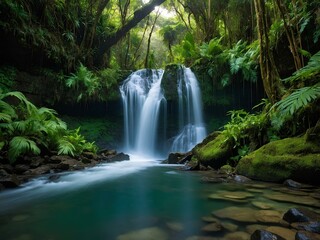 Fototapeta premium Discover Benang Stokel Waterfall: A Tranquil Natural Escape in Indonesia, Where Crystal-Clear Waters Flow Over Verdant Rock Formations, Offering a Serene Retreat in the Heart of Lombok