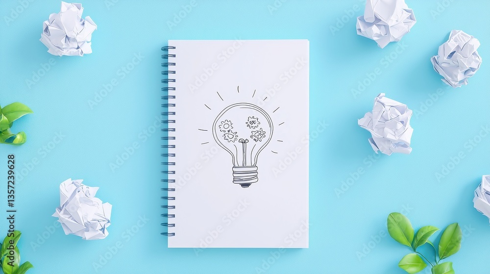 Poster idea generation machine, a white notebook with hand-drawn gears and a metallic bulb base on a vivid 