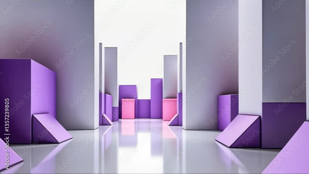 Poster long hallway with purple and white blocks. the blocks are in different shapes and sizes. the hallway