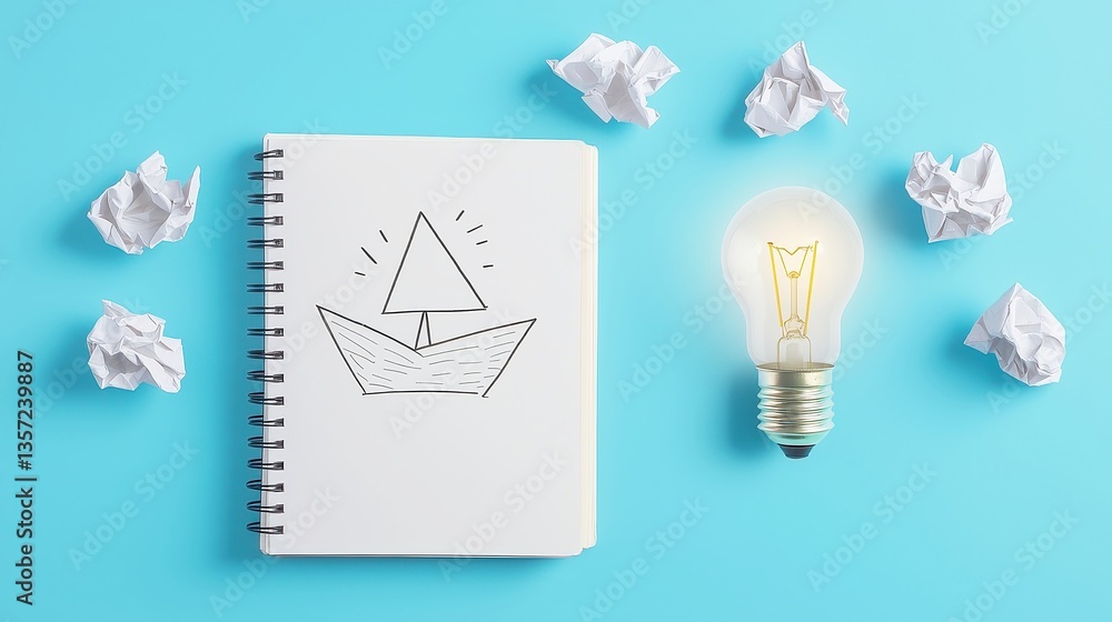 Poster notebook with hand-drawn paper boat and metallic bulb base on ocean-blue background, crumpled papers