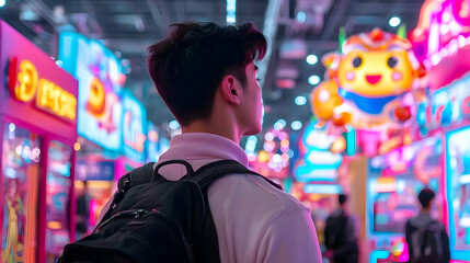 Obraz premium Young Man with Backpack Exploring Vibrant Neon Arcade at Night