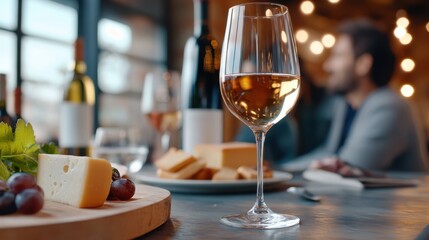 A cinematic shot of a sophisticated couple enjoyi glass of wine and cheese on a table surrounded by romantic ambiance and luxury setting