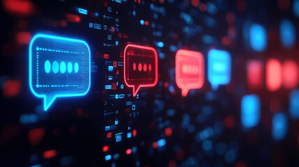 Fototapeta premium Blue and Red Dialogue Bubbles with Digital Symbols