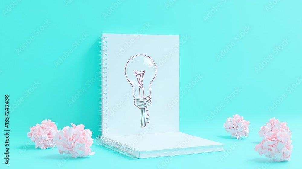 Poster unlocking creativity, a white notebook features a hand-drawn key fitting into a metallic bulb base o