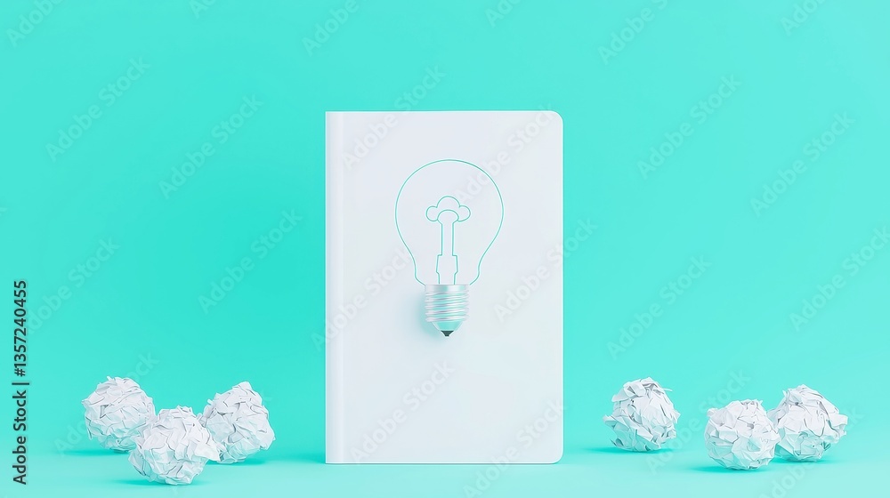 Poster unlocking creativity with bulb and notebook, a white notebook features a hand-drawn key fitting into