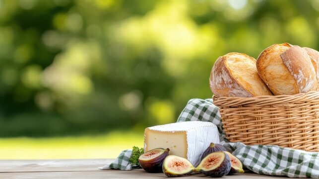A classic french picnic with crusty baguettes a basket of bread cheese and fresh fruits on a sunny day in a beautiful outdoor setting