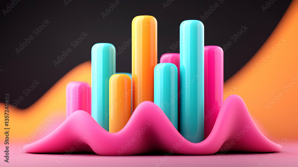 Poster abstract 3d digital financial data visualization with pink teal orange columns