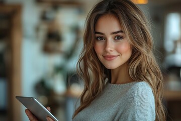 Smiling young woman holding a tablet walking through a modern office space
