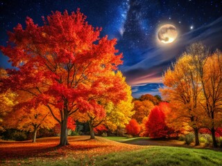 Fototapeta premium Majestic Fall Trees at Night, Vibrant Autumn Leaves Illuminated
