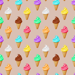 Colorful ice cream cone seamless pattern. Vector design.