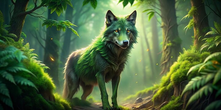Majestic Green Wolf in Forest - Stunning Nature Wallpaper