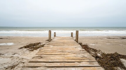 Serene beach boardwalk, coastal tranquility