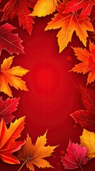 Fototapeta premium Autumn leaves frame on red background. Possible use Social media graphic