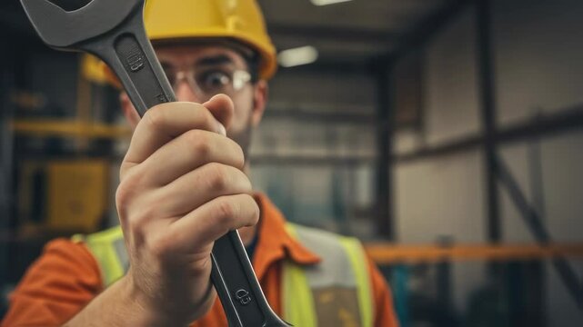 Man holding large adjustable wrench in industrial setting. Construction worker with safety gear. Close-up of tool for mechanical repair and maintenance. Labor Day