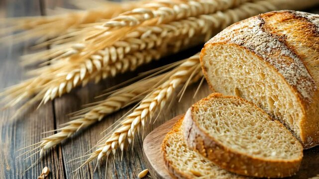 Freshly baked artisanal bread with wheat stalks placed on rustic wooden table inviting a taste of wholesome goodness