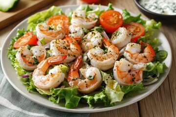 Succulent pepper-seasoned shrimp atop mixed greens in professional lighting. Food photography portfolio, culinary website banners, eco-conscious packaging ideas.