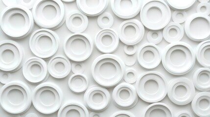 Concentric randomly offset white rings or circles steps fading out background wallpaper banner, close up flat lay top view from above. abstract modern minimal white background