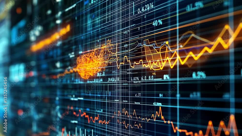 Poster dynamic digital display showcasing complex data analysis with vibrant graphs and charts. lines and g