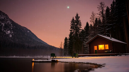 Fototapeta premium Cozy cabin lake at night