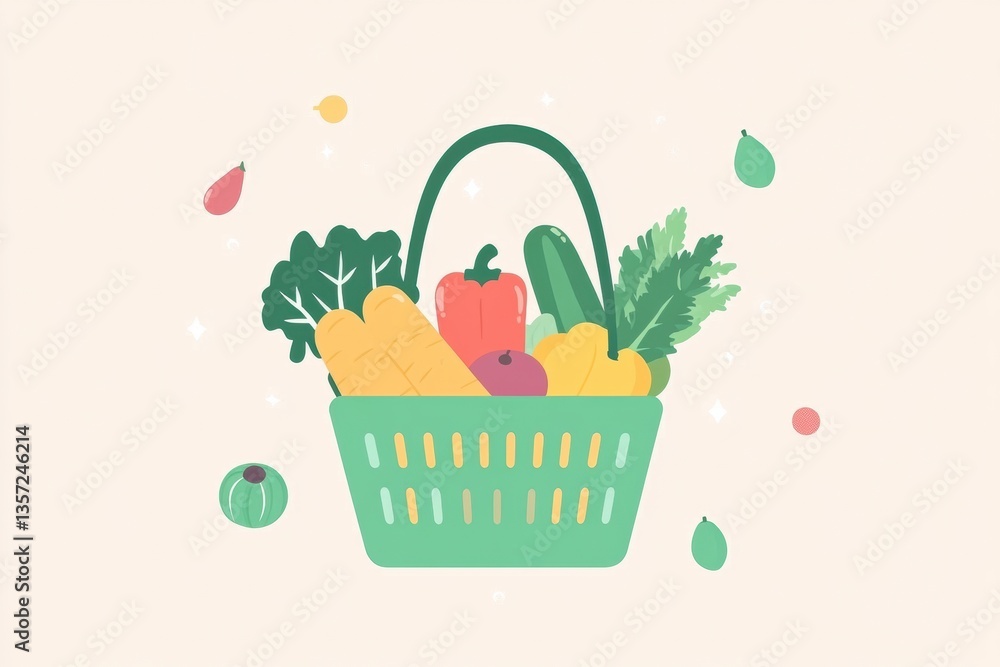 Poster fresh vegetables and fruits in a green shopping basket with soft pastel background creating a clean 