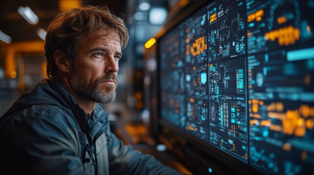 A logistics professional studies comprehensive data on multiple screens, focusing on inventory management and distribution strategies in a bustling warehouse setting during daytime hours.