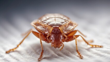 Fototapeta premium A close-up shot of a bed bug magnified through a handheld magnifying glass placed on a white