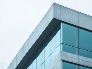Obraz premium Modern concrete and glass office building with morning light and text space
