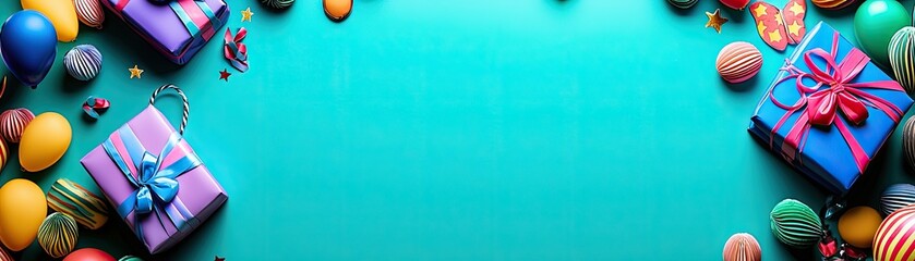 Festive gifts, eggs, balloons, teal background; celebration banner