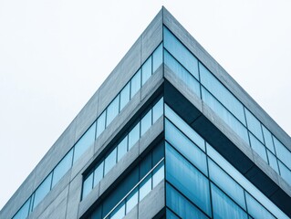 Modern concrete and glass office building with morning light and text space