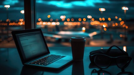 Night at the Airport: Laptop, Coffee, and City Lights