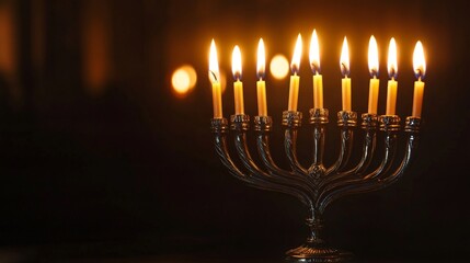 Traditional Menorah with Candles Glowing in Darkness: Symbol of Light and Celebration